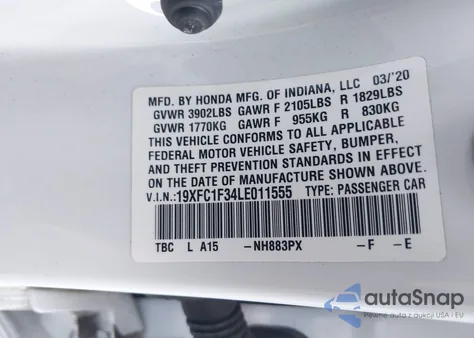 2020 Honda Civic Ex z USA, uszkodzony, nr VIN 19XFC1F34LE011555